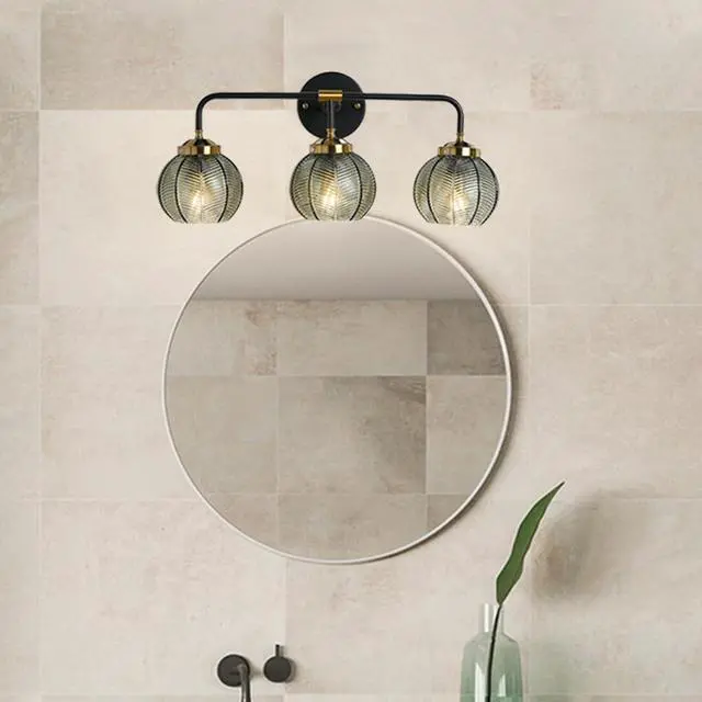 Alt view image 3 of 7 - Bathroom Vanity Light 3-Light Glass Wall Lights Green Ribbed Glass Shade Mid Century Modern Globe Wall Sconces Black Gold Vintage Wall Lamp for Mirror Bedroom Hallway