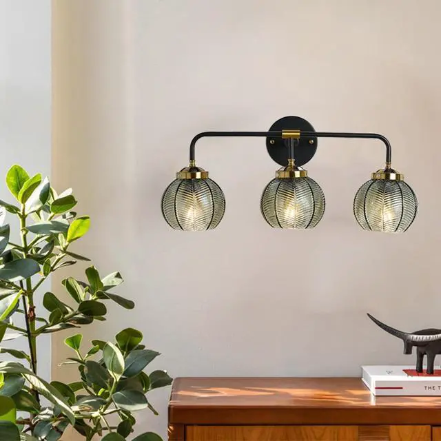 Alt view image 4 of 7 - Bathroom Vanity Light 3-Light Glass Wall Lights Green Ribbed Glass Shade Mid Century Modern Globe Wall Sconces Black Gold Vintage Wall Lamp for Mirror Bedroom Hallway