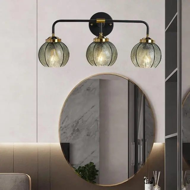 Alt view image 5 of 7 - Bathroom Vanity Light 3-Light Glass Wall Lights Green Ribbed Glass Shade Mid Century Modern Globe Wall Sconces Black Gold Vintage Wall Lamp for Mirror Bedroom Hallway