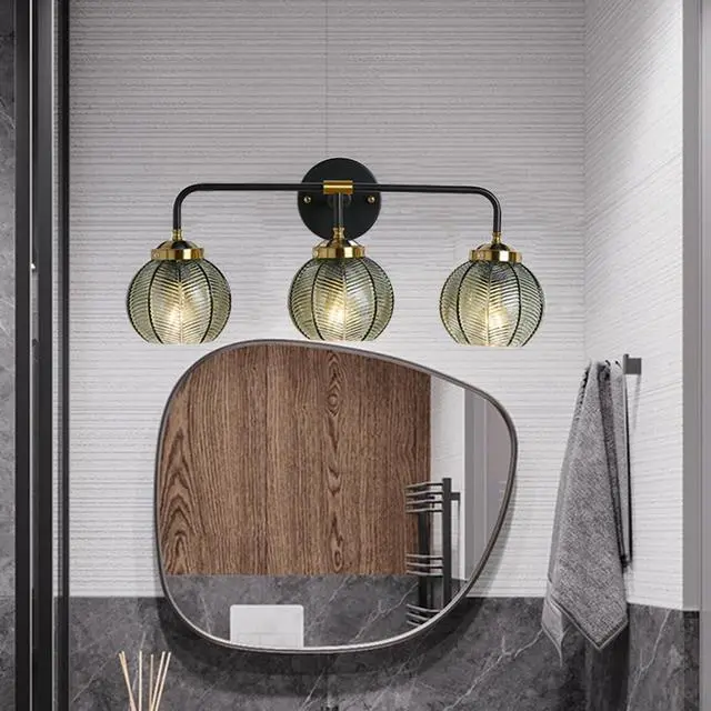 Alt view image 6 of 7 - Bathroom Vanity Light 3-Light Glass Wall Lights Green Ribbed Glass Shade Mid Century Modern Globe Wall Sconces Black Gold Vintage Wall Lamp for Mirror Bedroom Hallway