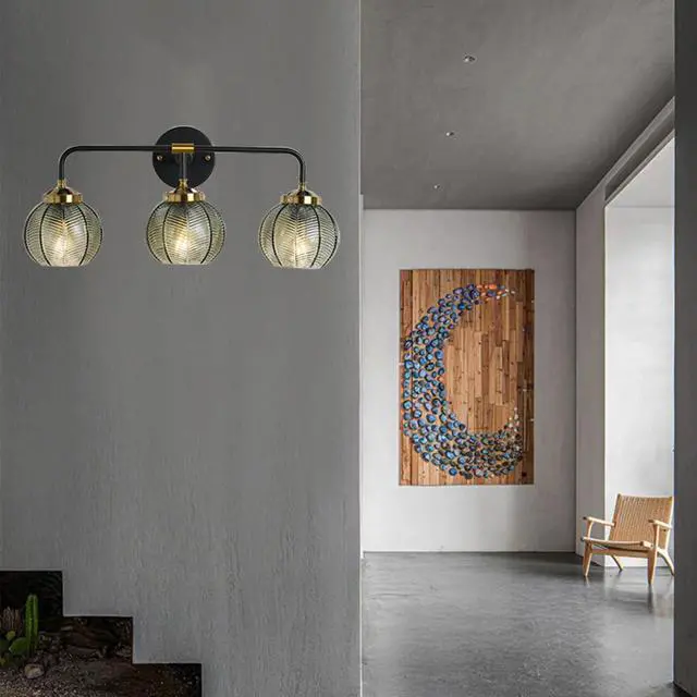 Alt view image 7 of 7 - Bathroom Vanity Light 3-Light Glass Wall Lights Green Ribbed Glass Shade Mid Century Modern Globe Wall Sconces Black Gold Vintage Wall Lamp for Mirror Bedroom Hallway