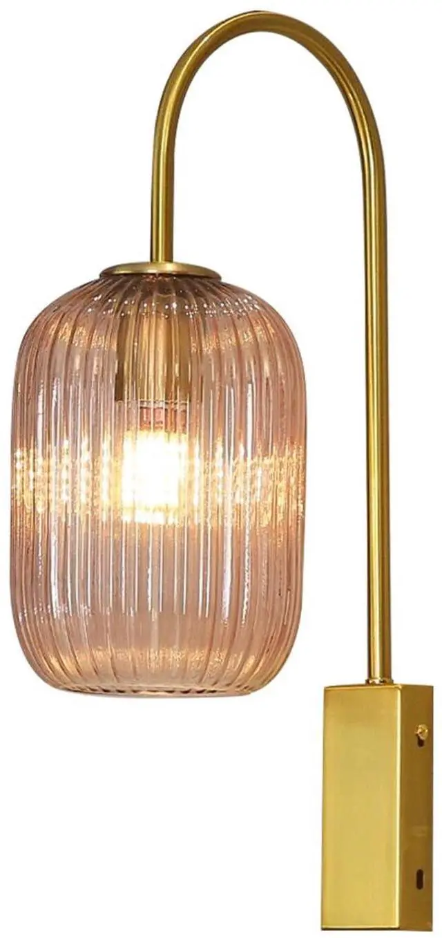 Main image of Pink Wall Light Sconce Mid Century Modern Light Fixture | Striped Glass Pink Shade vintage wall sconces set of two Mirror Bedroom Living Room Schoolhouse
