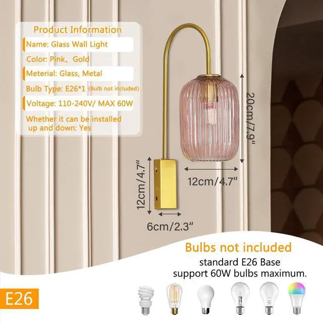 Alt view image 2 of 7 - Pink Wall Light Sconce Mid Century Modern Light Fixture | Striped Glass Pink Shade vintage wall sconces set of two Mirror Bedroom Living Room Schoolhouse