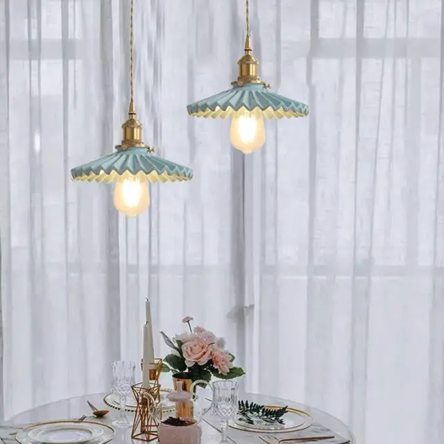 Alt view image 5 of 7 - Modern Minimalist Pendant Lamp Ceramic Pendant Light Blue Glass Lampshade Brass Finish Nordic Vintage Style Ceramics Hanging Light for Kitchen Sink Living Dining Room Bedside Bedroom