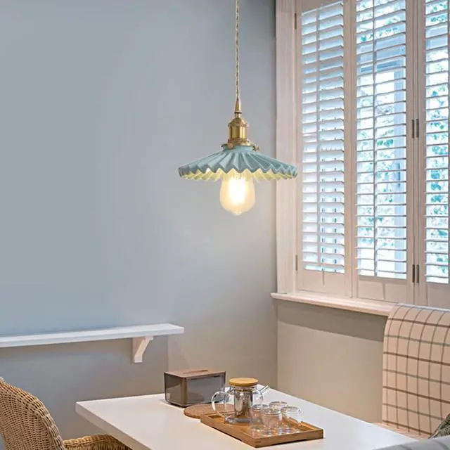 Alt view image 4 of 7 - Modern Minimalist Pendant Lamp Ceramic Pendant Light Blue Glass Lampshade Brass Finish Nordic Vintage Style Ceramics Hanging Light for Kitchen Sink Living Dining Room Bedside Bedroom
