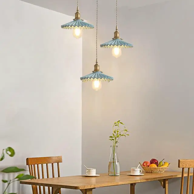 Alt view image 6 of 7 - Modern Minimalist Pendant Lamp Ceramic Pendant Light Blue Glass Lampshade Brass Finish Nordic Vintage Style Ceramics Hanging Light for Kitchen Sink Living Dining Room Bedside Bedroom