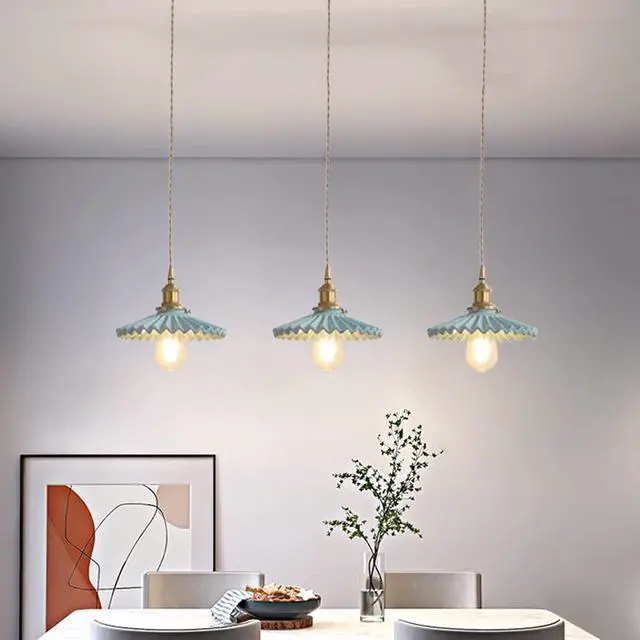 Alt view image 7 of 7 - Modern Minimalist Pendant Lamp Ceramic Pendant Light Blue Glass Lampshade Brass Finish Nordic Vintage Style Ceramics Hanging Light for Kitchen Sink Living Dining Room Bedside Bedroom