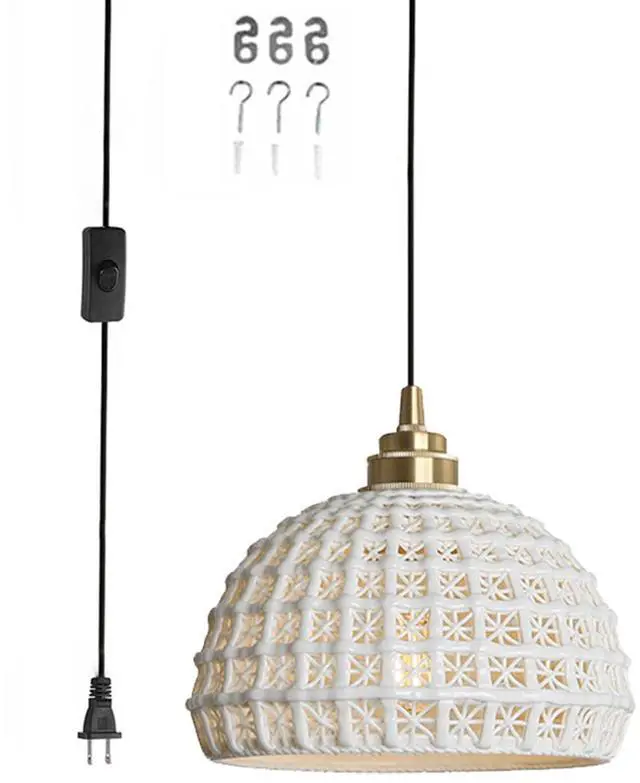 Main image of Ceramic Plug in Pendant Light Fixture 1-Light Mid Century Retro Pendant Light with Ceramics Globe Shade Nordic Modern Decorate Lighting Plug in Hanging Lights Cord Dining Room Kitchen