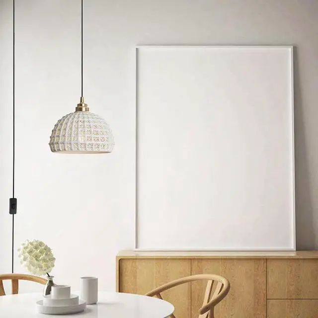 Alt view image 5 of 7 - Ceramic Plug in Pendant Light Fixture 1-Light Mid Century Retro Pendant Light with Ceramics Globe Shade Nordic Modern Decorate Lighting Plug in Hanging Lights Cord Dining Room Kitchen