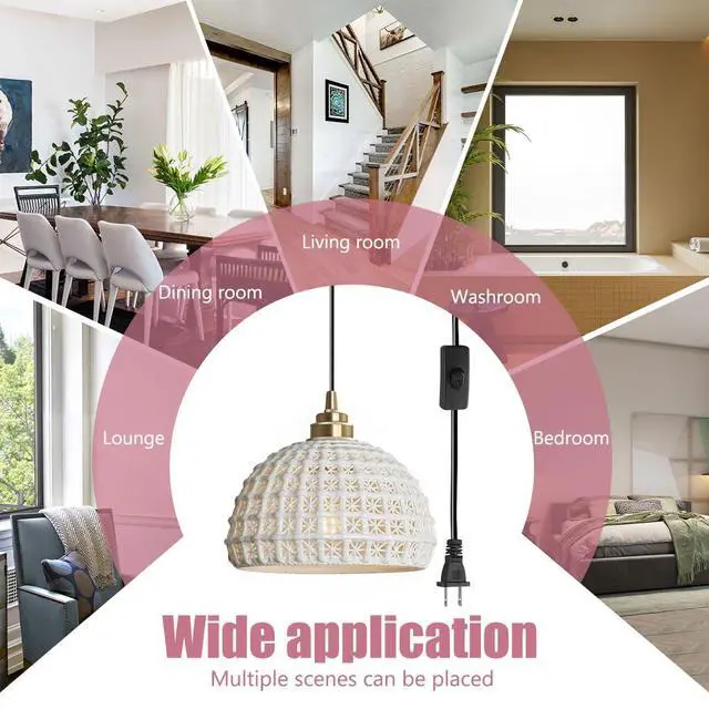 Alt view image 4 of 7 - Ceramic Plug in Pendant Light Fixture 1-Light Mid Century Retro Pendant Light with Ceramics Globe Shade Nordic Modern Decorate Lighting Plug in Hanging Lights Cord Dining Room Kitchen