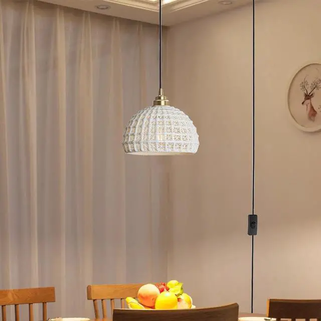 Alt view image 6 of 7 - Ceramic Plug in Pendant Light Fixture 1-Light Mid Century Retro Pendant Light with Ceramics Globe Shade Nordic Modern Decorate Lighting Plug in Hanging Lights Cord Dining Room Kitchen