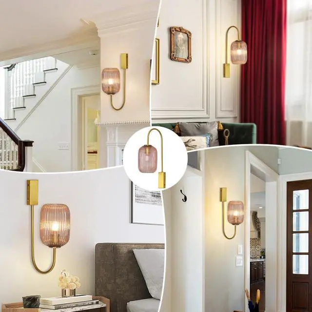 Alt view image 3 of 7 - Pink Wall Light Sconce Mid Century Modern Light Fixture | Striped Glass Pink Shade vintage wall sconces set of two Mirror Bedroom Living Room Schoolhouse