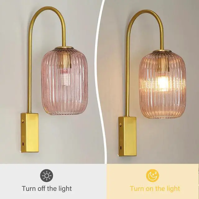 Alt view image 4 of 7 - Pink Wall Light Sconce Mid Century Modern Light Fixture | Striped Glass Pink Shade vintage wall sconces set of two Mirror Bedroom Living Room Schoolhouse