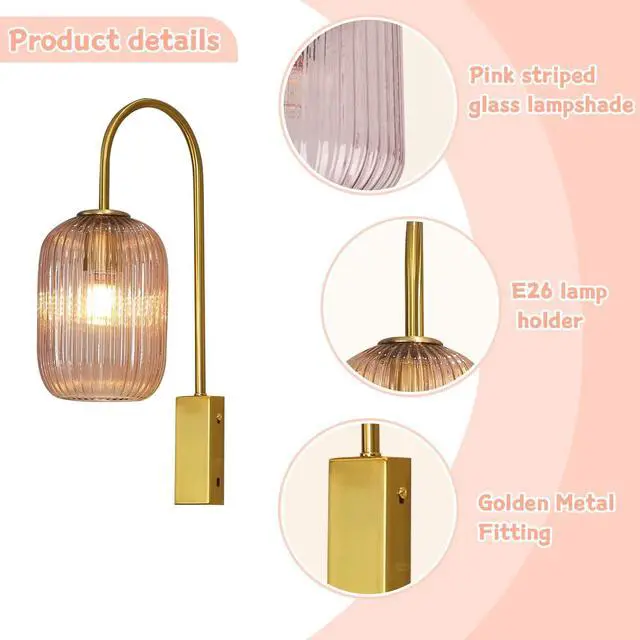 Alt view image 5 of 7 - Pink Wall Light Sconce Mid Century Modern Light Fixture | Striped Glass Pink Shade vintage wall sconces set of two Mirror Bedroom Living Room Schoolhouse