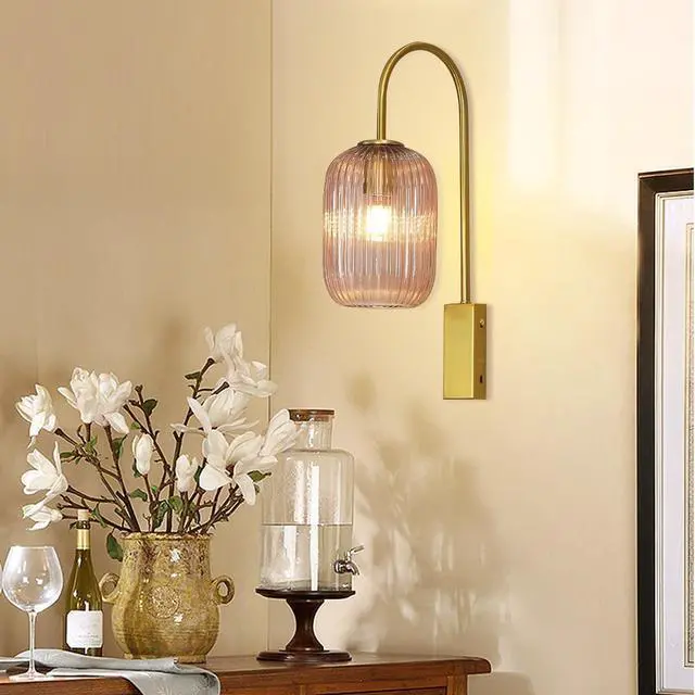 Alt view image 6 of 7 - Pink Wall Light Sconce Mid Century Modern Light Fixture | Striped Glass Pink Shade vintage wall sconces set of two Mirror Bedroom Living Room Schoolhouse