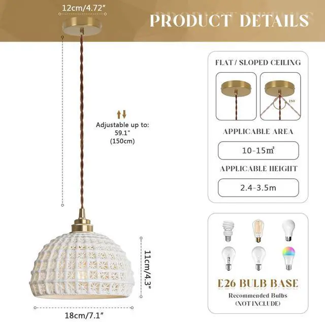 Alt view image 2 of 7 - Ceramic Pendant Light Modern Brass Pendant Light Fixture Vintage White Ceiling Pendant Lights with Ceramics Globe Shade Mid Century Hanging Lamp for Kitchen Island Dining Room Bedroom