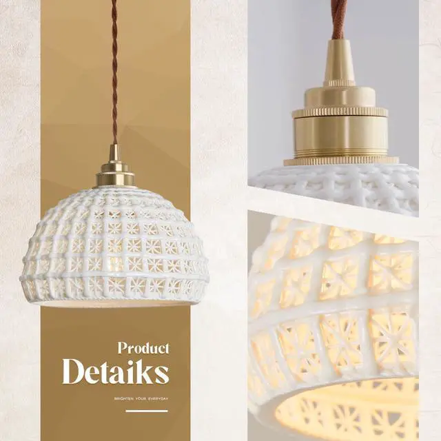 Alt view image 3 of 7 - Ceramic Pendant Light Modern Brass Pendant Light Fixture Vintage White Ceiling Pendant Lights with Ceramics Globe Shade Mid Century Hanging Lamp for Kitchen Island Dining Room Bedroom