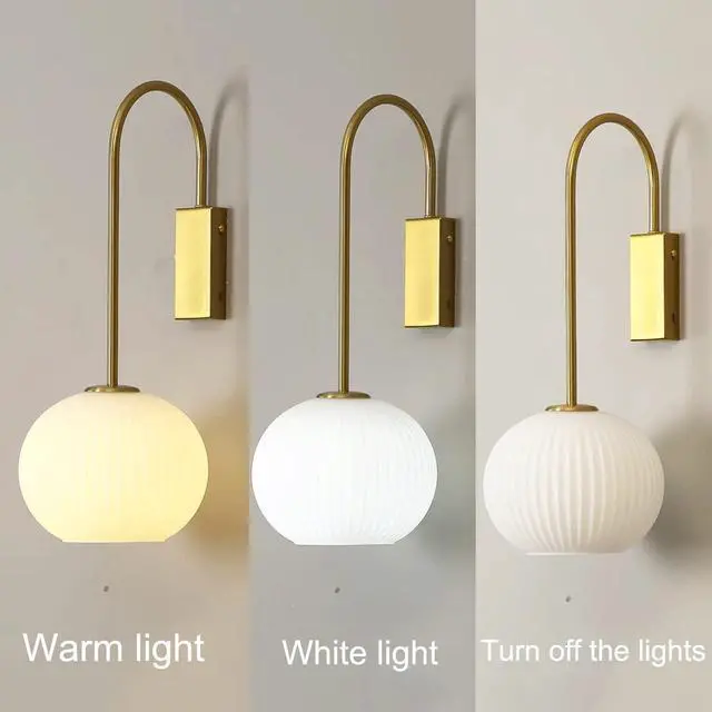 Alt view image 7 of 7 - Glass Wall Sconce Modern Wall Light 1-Light Bathroom Vanity Light with White Ribbed Glass Shade Mid Century Vintage Wall Lamp Gold for Mirror Bedroom Dining Living Room Hallway