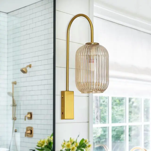 Alt view image 4 of 7 - Amber Vanity Light Fixture Bathroom Vanity lamp 1-Lights Mid Century Modern wall sconces Striped Glass Shade Gold wall Mount Light for Over Mirror Bedroom Living Dining Room Hallway