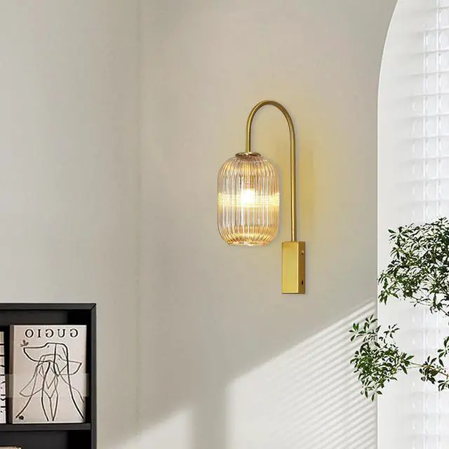 Alt view image 5 of 7 - Amber Vanity Light Fixture Bathroom Vanity lamp 1-Lights Mid Century Modern wall sconces Striped Glass Shade Gold wall Mount Light for Over Mirror Bedroom Living Dining Room Hallway
