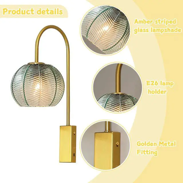 Alt view image 3 of 7 - Green Glass Wall Light Mid Century Modern Wall Sconces Gold Vanity 1-Light Vintage Bathroom Wall Lamp with Ribbed Glass Shade Industrial Wall Lamp for Mirror Bedroom Living Room