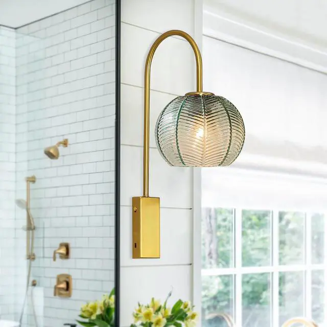 Alt view image 4 of 7 - Green Glass Wall Light Mid Century Modern Wall Sconces Gold Vanity 1-Light Vintage Bathroom Wall Lamp with Ribbed Glass Shade Industrial Wall Lamp for Mirror Bedroom Living Room