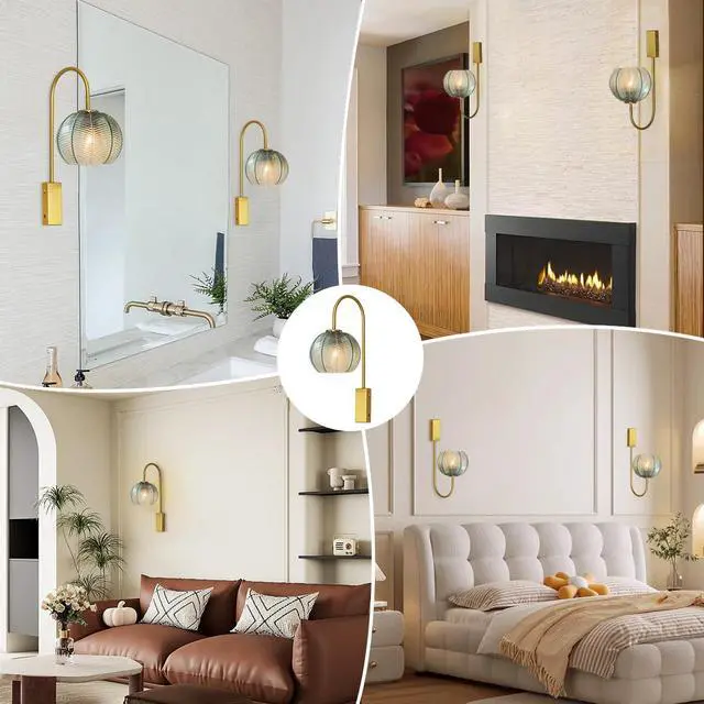 Alt view image 5 of 7 - Green Glass Wall Light Mid Century Modern Wall Sconces Gold Vanity 1-Light Vintage Bathroom Wall Lamp with Ribbed Glass Shade Industrial Wall Lamp for Mirror Bedroom Living Room
