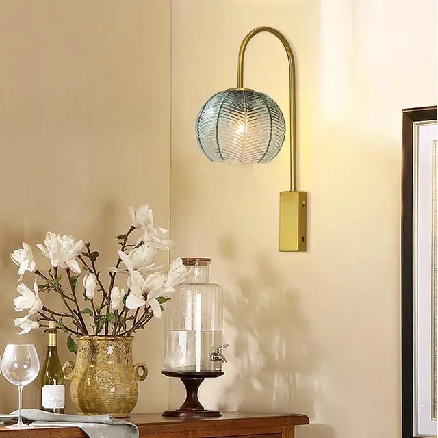 Alt view image 6 of 7 - Green Glass Wall Light Mid Century Modern Wall Sconces Gold Vanity 1-Light Vintage Bathroom Wall Lamp with Ribbed Glass Shade Industrial Wall Lamp for Mirror Bedroom Living Room