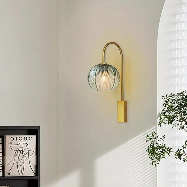 Alt view image 7 of 7 - Green Glass Wall Light Mid Century Modern Wall Sconces Gold Vanity 1-Light Vintage Bathroom Wall Lamp with Ribbed Glass Shade Industrial Wall Lamp for Mirror Bedroom Living Room