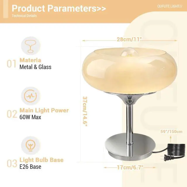 Alt view image 2 of 7 - Glass Table Lamp Milk Yellow Table Lamps Mid Century Modern Desk lamp with Chrome Base Plug in Cord Dome Glass Nightstand Lamp Bedside Light Desk Light Bedroom Living Room Office