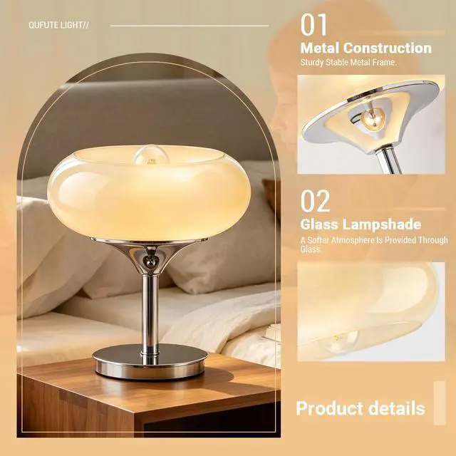 Alt view image 3 of 7 - Glass Table Lamp Milk Yellow Table Lamps Mid Century Modern Desk lamp with Chrome Base Plug in Cord Dome Glass Nightstand Lamp Bedside Light Desk Light Bedroom Living Room Office