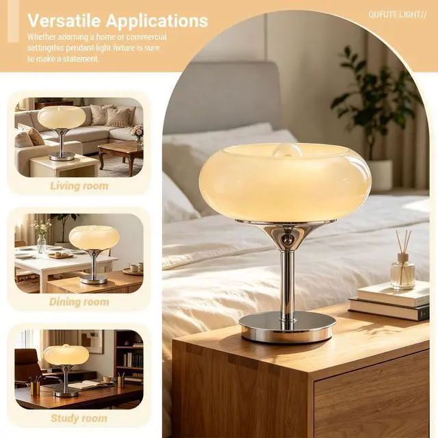 Alt view image 4 of 7 - Glass Table Lamp Milk Yellow Table Lamps Mid Century Modern Desk lamp with Chrome Base Plug in Cord Dome Glass Nightstand Lamp Bedside Light Desk Light Bedroom Living Room Office