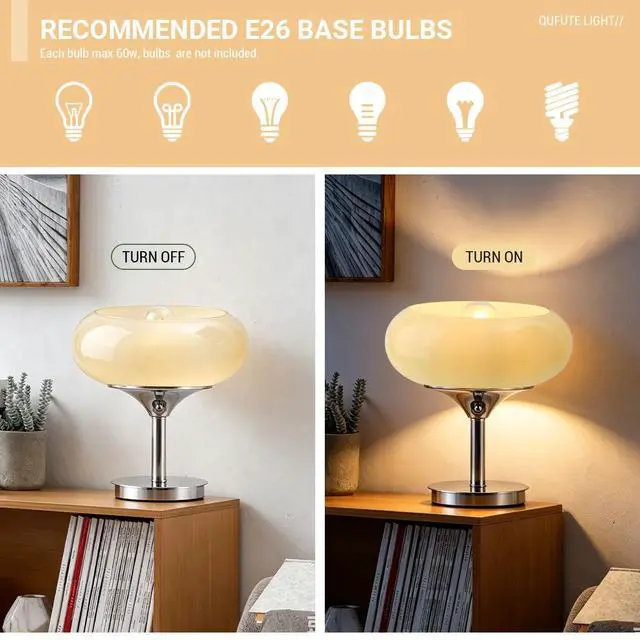 Alt view image 5 of 7 - Glass Table Lamp Milk Yellow Table Lamps Mid Century Modern Desk lamp with Chrome Base Plug in Cord Dome Glass Nightstand Lamp Bedside Light Desk Light Bedroom Living Room Office