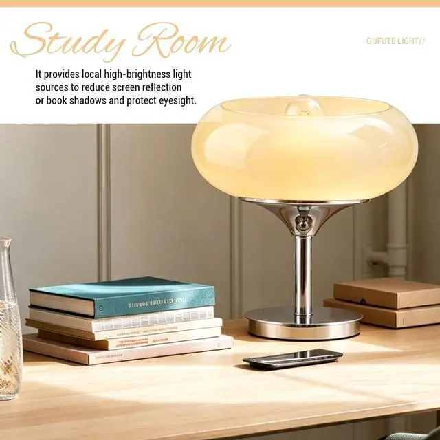 Alt view image 6 of 7 - Glass Table Lamp Milk Yellow Table Lamps Mid Century Modern Desk lamp with Chrome Base Plug in Cord Dome Glass Nightstand Lamp Bedside Light Desk Light Bedroom Living Room Office