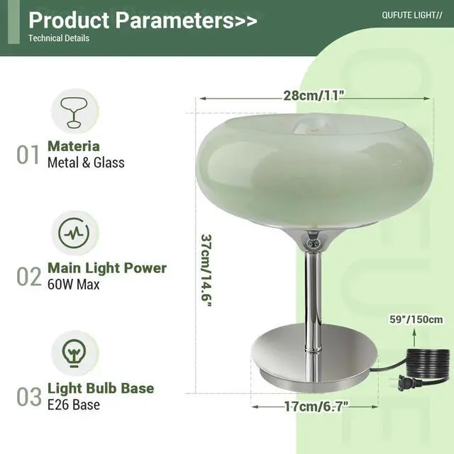 Alt view image 2 of 7 - Milk Glass Table Lamp Mid Century Modern Table lamp with Chrome Base Plug in Cord 11" Green Dome Glass Shade Nightstand Lamp Bedside Light Desk Light Bedroom Living Room Office (Milk Green)