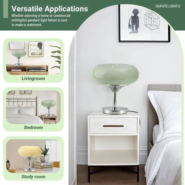 Alt view image 3 of 7 - Milk Glass Table Lamp Mid Century Modern Table lamp with Chrome Base Plug in Cord 11" Green Dome Glass Shade Nightstand Lamp Bedside Light Desk Light Bedroom Living Room Office (Milk Green)