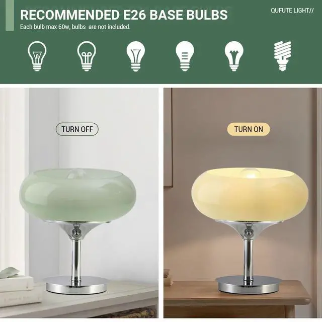 Alt view image 5 of 7 - Milk Glass Table Lamp Mid Century Modern Table lamp with Chrome Base Plug in Cord 11" Green Dome Glass Shade Nightstand Lamp Bedside Light Desk Light Bedroom Living Room Office (Milk Green)