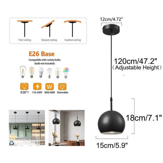 Alt view image 2 of 7 - Black Vintage Pendant Light Small Hanging Lamp with Metal Globe Shade Adjustable Retro Industrial Hanging Lights Iron Pendant Lighting for Kitchen Island Living Dining Room Bedroom