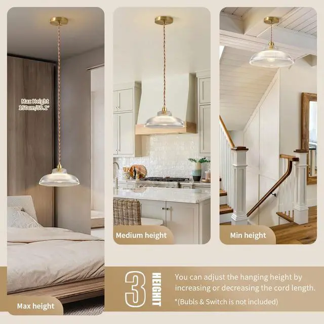 Alt view image 7 of 7 - Small Glass Pendant Light Fixtures One-Light Gold Brass Dining Room Decor mid Century Modern Hanging Pendant Lamp Clear Dome Shade Striped Light Fixture for Kitchen Island