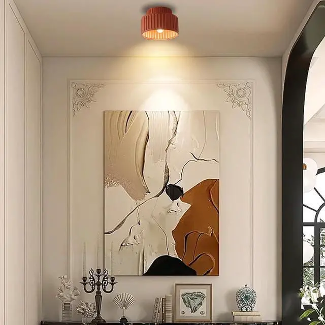Alt view image 3 of 7 - Hallway Ceiling Lights Vintage Flush Mount Ceiling Light Fixture Mid Century Ceiling Lights with 2-Layer Resin Light Red Striped Lampshade Modern Close to Ceiling Lamp Bedroom