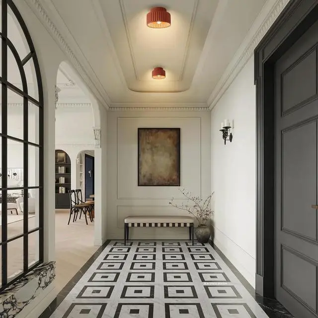 Alt view image 4 of 7 - Hallway Ceiling Lights Vintage Flush Mount Ceiling Light Fixture Mid Century Ceiling Lights with 2-Layer Resin Light Red Striped Lampshade Modern Close to Ceiling Lamp Bedroom