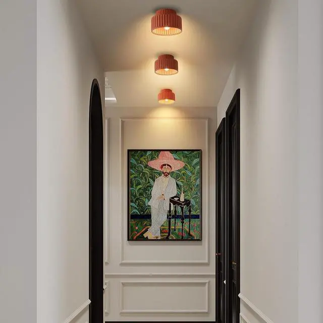 Alt view image 5 of 7 - Hallway Ceiling Lights Vintage Flush Mount Ceiling Light Fixture Mid Century Ceiling Lights with 2-Layer Resin Light Red Striped Lampshade Modern Close to Ceiling Lamp Bedroom