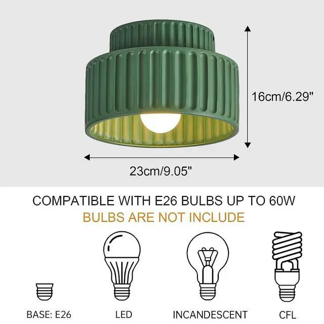 Alt view image 2 of 7 - Green Ceiling Light Nordic Vintage Ceiling Light Fixture Hallway Flush Mount Ceiling Lamp, Mid Century Modern Ceiling Lights for Bedroom Dining Room 2-Layer Design Striped Shade