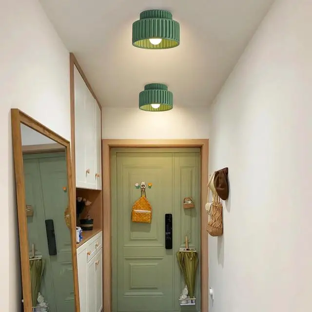 Alt view image 3 of 7 - Green Ceiling Light Nordic Vintage Ceiling Light Fixture Hallway Flush Mount Ceiling Lamp, Mid Century Modern Ceiling Lights for Bedroom Dining Room 2-Layer Design Striped Shade