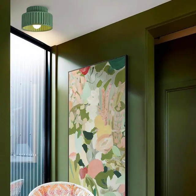 Alt view image 4 of 7 - Green Ceiling Light Nordic Vintage Ceiling Light Fixture Hallway Flush Mount Ceiling Lamp, Mid Century Modern Ceiling Lights for Bedroom Dining Room 2-Layer Design Striped Shade