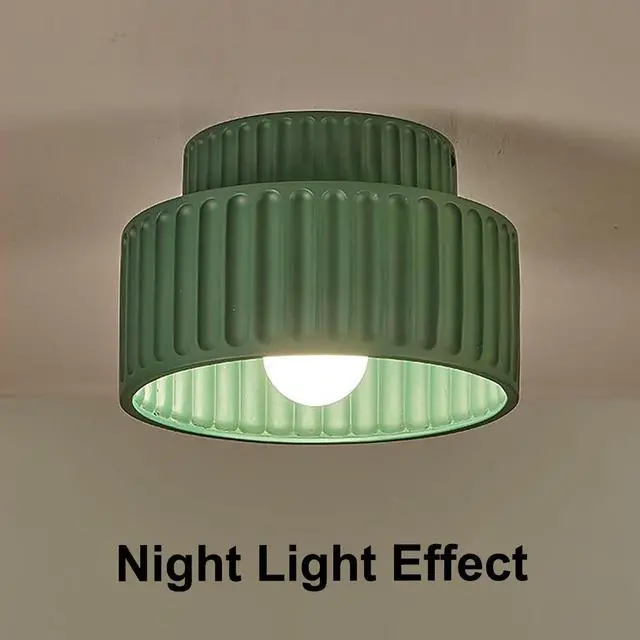 Alt view image 7 of 7 - Green Ceiling Light Nordic Vintage Ceiling Light Fixture Hallway Flush Mount Ceiling Lamp, Mid Century Modern Ceiling Lights for Bedroom Dining Room 2-Layer Design Striped Shade