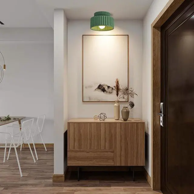 Alt view image 5 of 7 - Green Ceiling Light Nordic Vintage Ceiling Light Fixture Hallway Flush Mount Ceiling Lamp, Mid Century Modern Ceiling Lights for Bedroom Dining Room 2-Layer Design Striped Shade