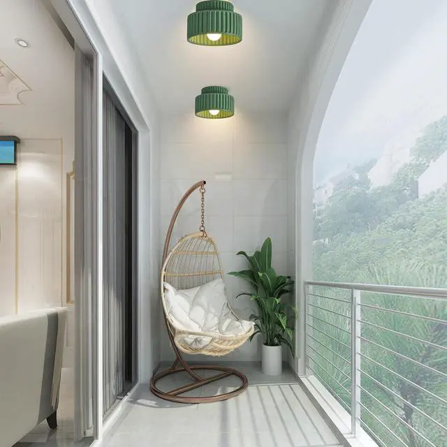 Alt view image 6 of 7 - Green Ceiling Light Nordic Vintage Ceiling Light Fixture Hallway Flush Mount Ceiling Lamp, Mid Century Modern Ceiling Lights for Bedroom Dining Room 2-Layer Design Striped Shade