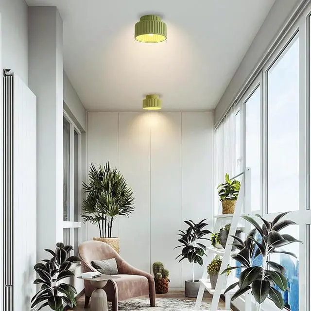 Alt view image 5 of 7 - Hallway Ceiling Light Nordic Vintage Flush Mount Ceiling Light Fixture Mid Century 2-Layer Round Light with Green Striped Shade Modern Close to Ceiling Lamp Resin Ceiling Lights