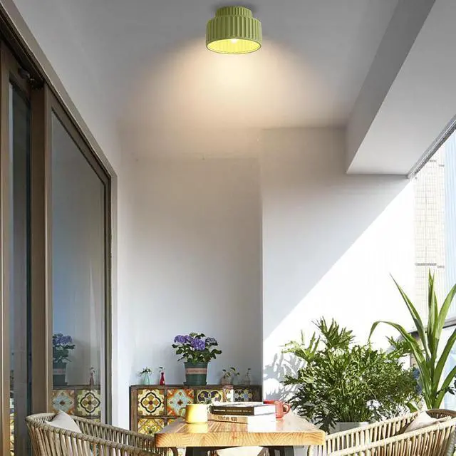 Alt view image 6 of 7 - Hallway Ceiling Light Nordic Vintage Flush Mount Ceiling Light Fixture Mid Century 2-Layer Round Light with Green Striped Shade Modern Close to Ceiling Lamp Resin Ceiling Lights